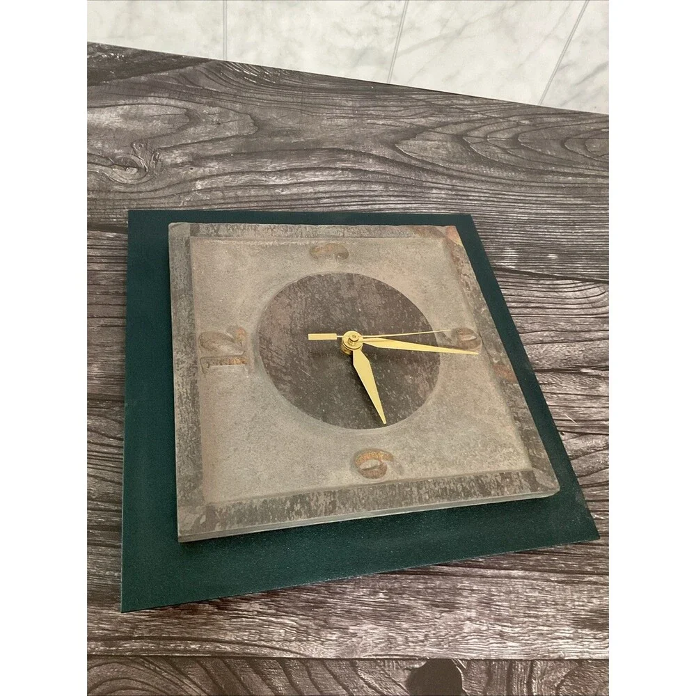 Rustic Slate,metal Clock W/ Green Border, Brownish Face,gold Brass Clock Hands